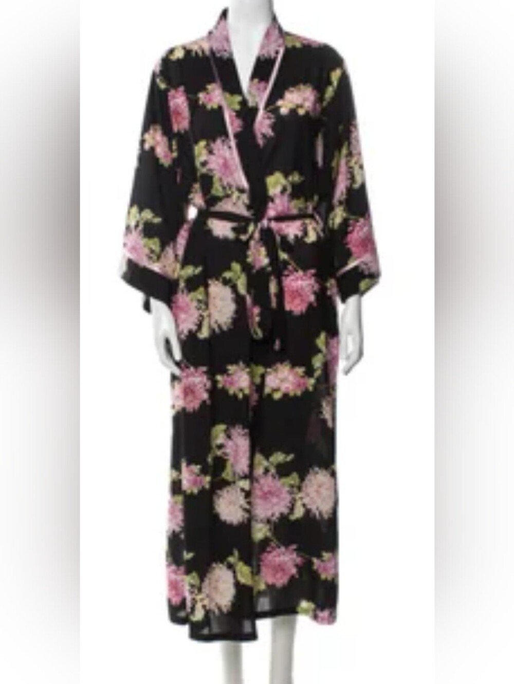 OSCAR de la RENTA Black 2pc Floral  Robe And Nightie with Pink Blooms, Sz Large